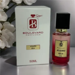 a bottle of perfume next to a box