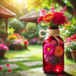 a red bottle with flowers in it