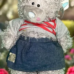 Gray Teddy Bear with Striped Shirt and Denim Skirt