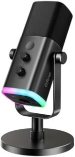 ميكروفون FIFINE ديناميكي بتقنية XLR/USB لتسجيل البودكاست، وميكروفون للألعاب والبث المباشر على أجهزة الكمبيوتر مع إضاءة RGB، ومقبس سماعات رأس، وميكروفون صوتي للغناء على يوتيوب -