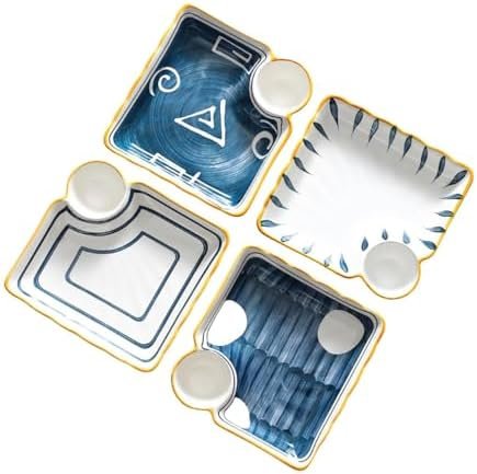 طبق سوشي من السيراميك الياباني الجمالي من ازوني - طبق مقسم مربع، صينية سيراميك انيقة للمنزل والمطاعم والفنادق والمناسبات