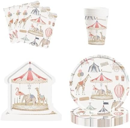 اطباق حلوى من سلسلة سيرك الحيوانات من هوم سمارت (8 انش و10.5 انش) اكواب (9 اونصة، 8 قطع) مناديل (6.5 انش × 6.5 انش، 16 قطعة) مجموعة انيقة للحفلات والتجمعات واعياد الميلاد والمناسبات الخاصة (سلسلة سيرك